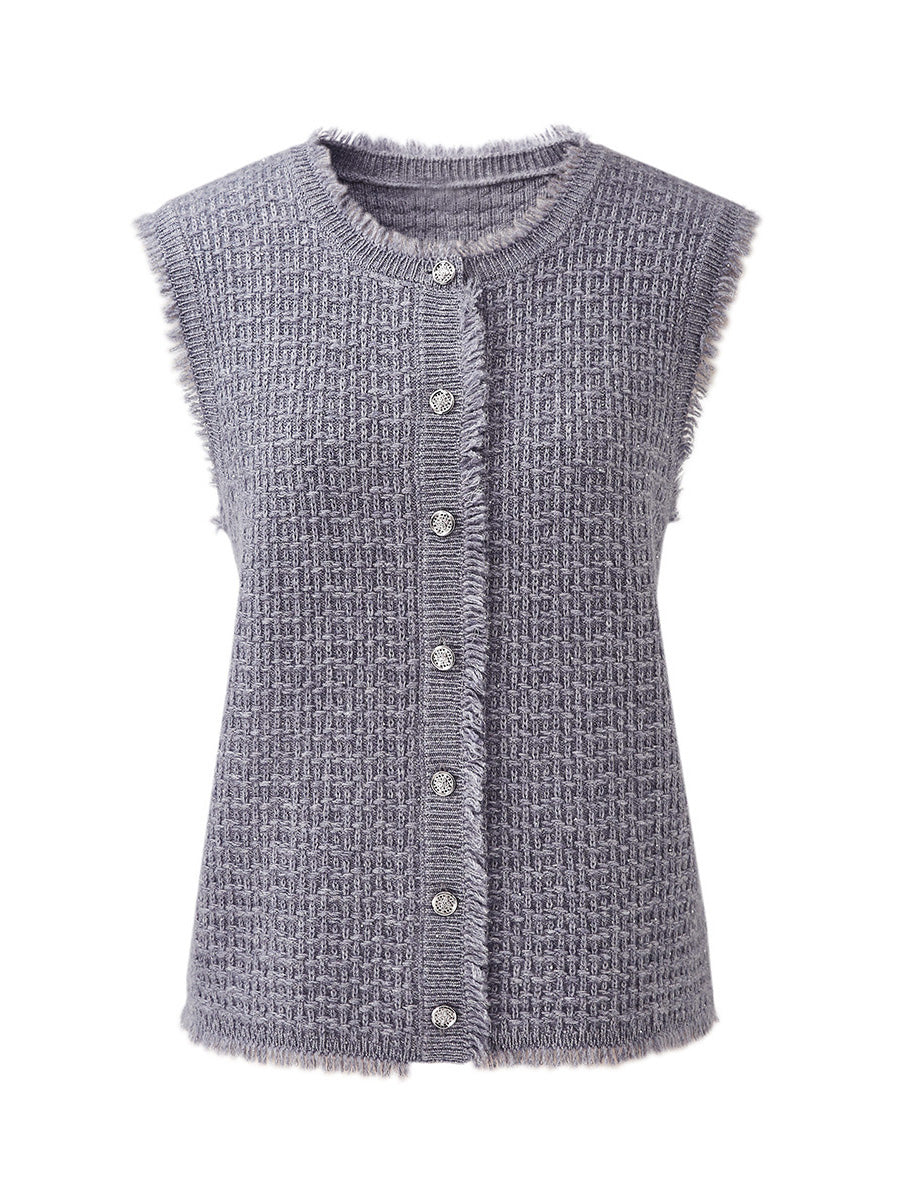 COMOBOCA 100% Wool Women's Button Down Frayed Hem Knit Vest
