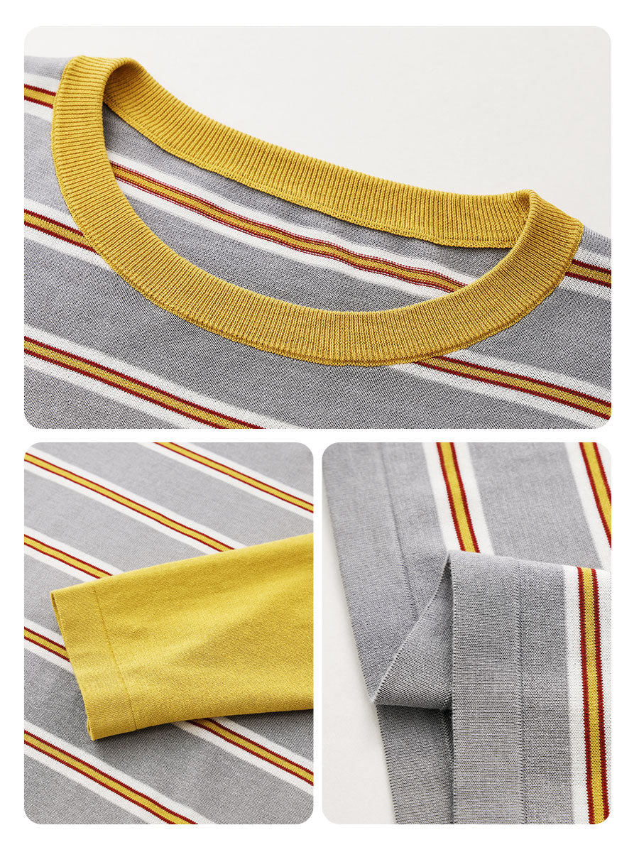 COMOBOCA Women's Layered Striped Round Neck Knit Sweater