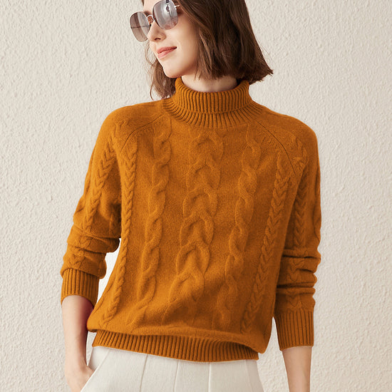 COMOBOCA Bronze 100% Cashmere Women's Turtleneck Cable Knit Sweater