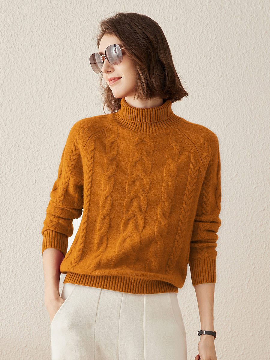 COMOBOCA Bronze 100% Cashmere Women's Turtleneck Cable Knit Sweater