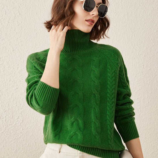 COMOBOCA 100% Cashmere Women's Turtleneck Cable Knit Sweater