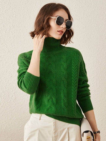 COMOBOCA 100% Cashmere Women's Turtleneck Cable Knit Sweater