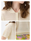 Women's Silk-Cotton Blend Peter Pan Collar Pointelle Knit Short Sleeve Top