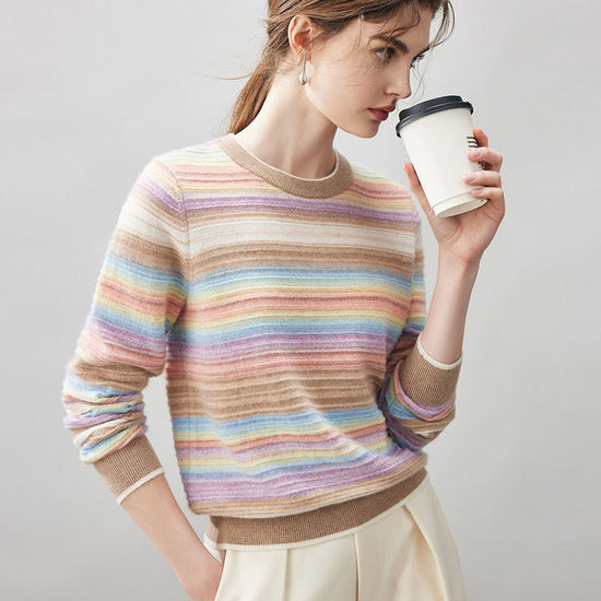COMOBOCA 100% Cashmere Women's Rainbow Striped Round Neck Sweater