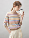 COMOBOCA 100% Cashmere Women's Rainbow Striped Round Neck Sweater