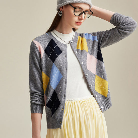 COMOBOCA 100% Cashmere Women's Argyle Pattern Button-Up Cardigan