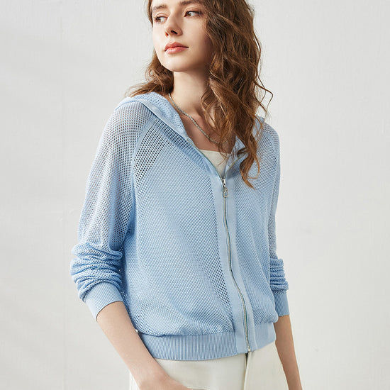 COMOBOCA Women's Ribbed Mesh Zip-Up Hoodie