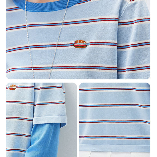 COMOBOCA Women's Layered Striped Round Neck Knit Sweater