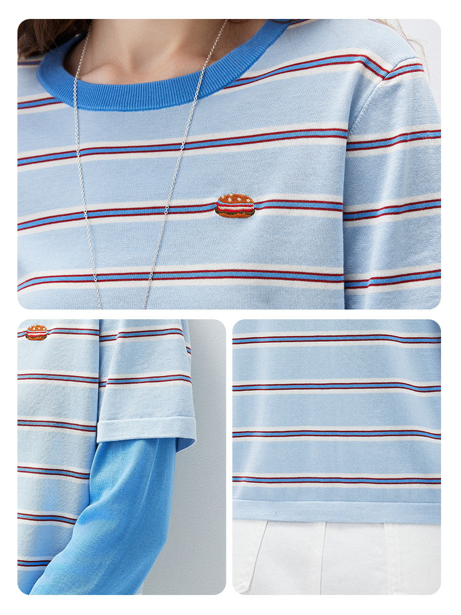 COMOBOCA Women's Layered Striped Round Neck Knit Sweater