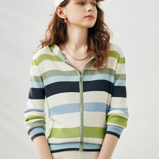 COMOBOCA Women's Versatile Striped Zip-Up Hoodie Cardigan