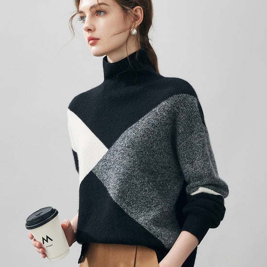 COMOBOCA 100% Cashmere Women's Geometric Turtleneck Sweater