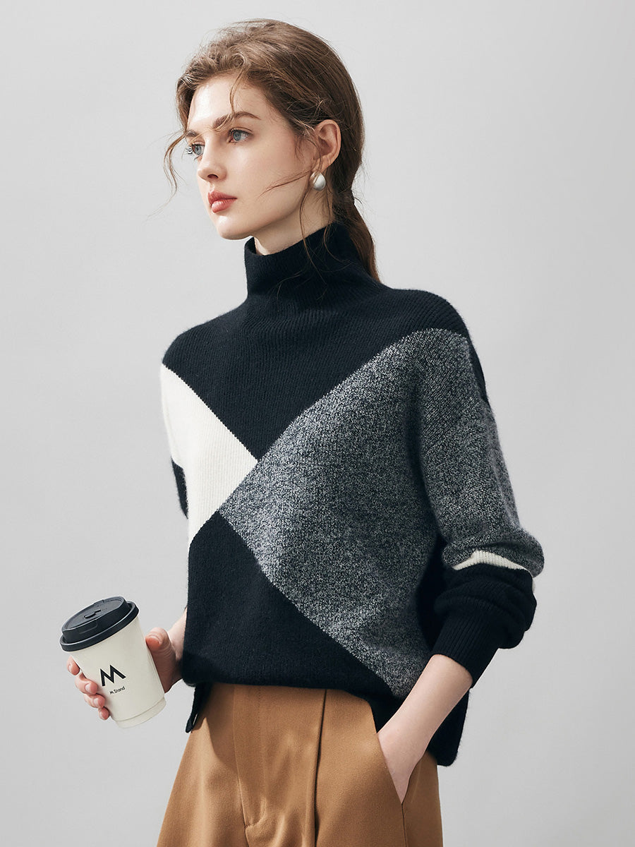 COMOBOCA 100% Cashmere Women's Geometric Turtleneck Sweater