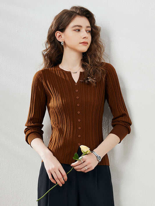 COMOBOCA Bronze Women's Ribbed V-Neck Faux Cardigan Sweater