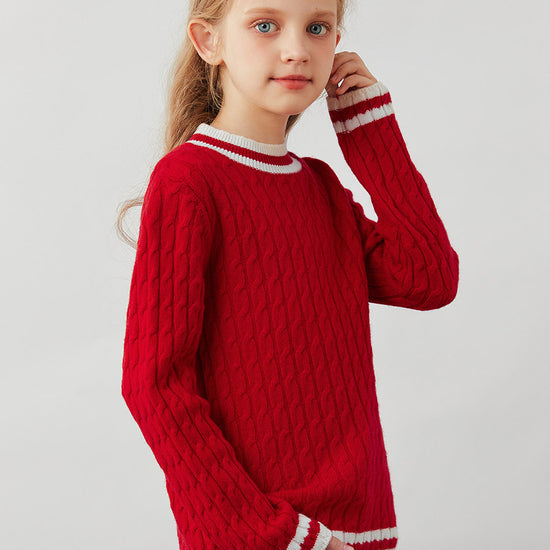 COMOBOCA 100% Wool Kids' Cable Knit Round Neck Sweater