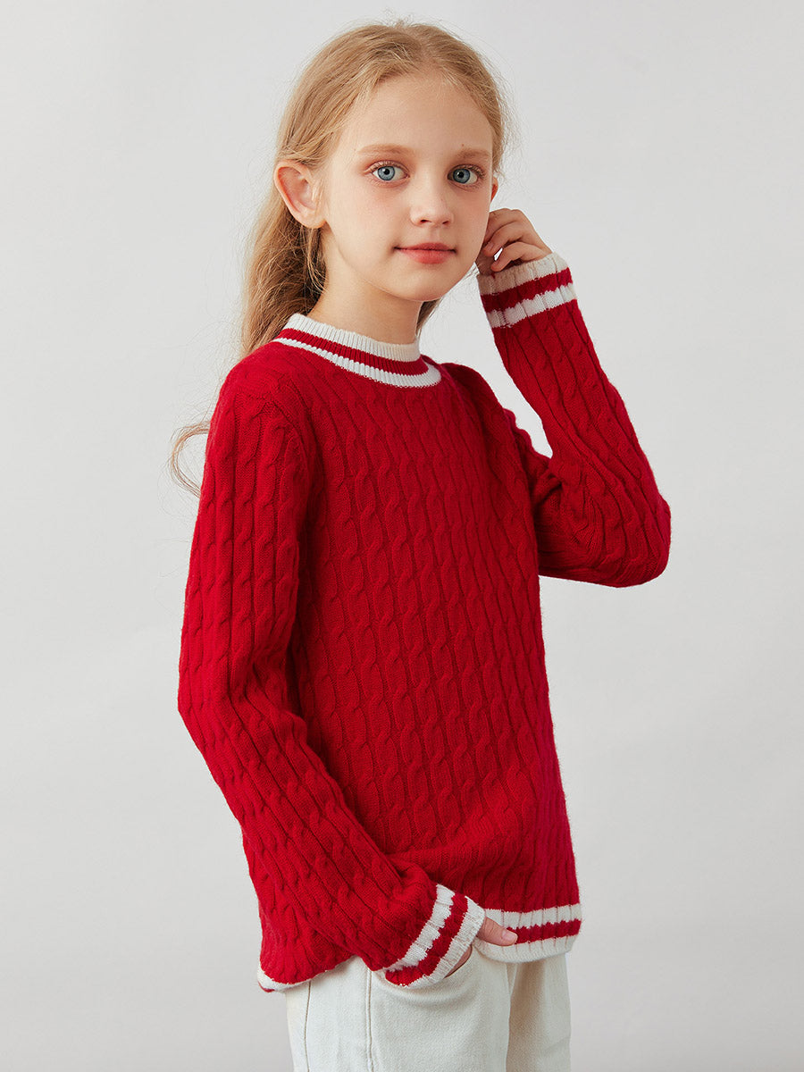 COMOBOCA 100% Wool Kids' Cable Knit Round Neck Sweater