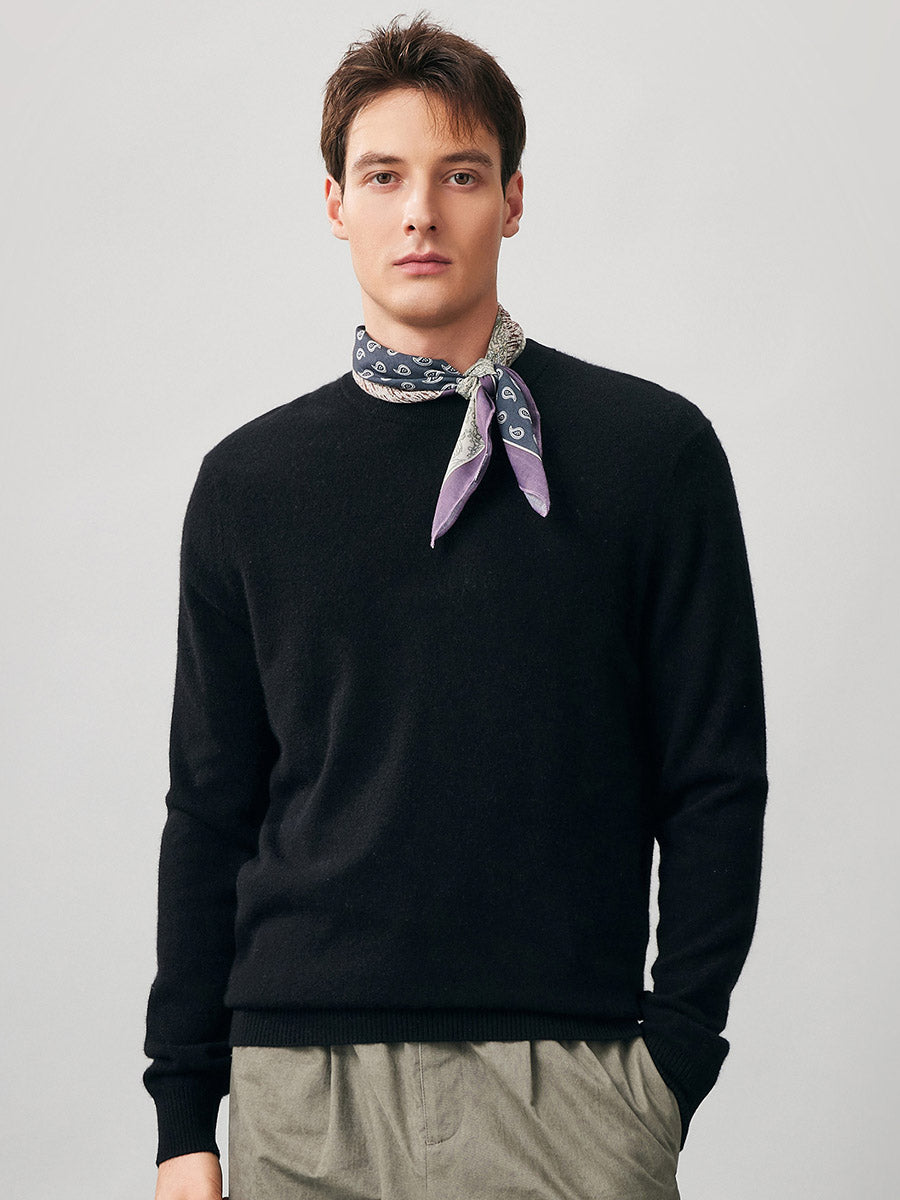 100% Cashmere Men's Ribbed Round Neck Knit Sweater, XXL / Black
