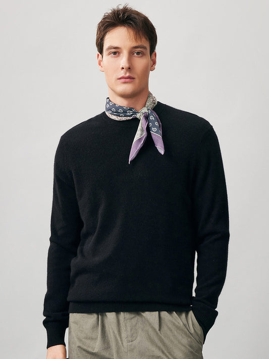 COMOBOCA BLACK 100% Cashmere Men's Ribbed Round Neck Knit Sweater