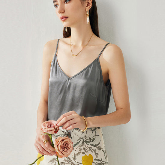COMOBOCA Gray Women's Silk Adjustable Straps V-Neck Camisole