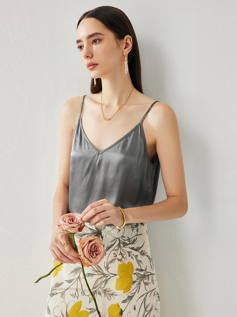 COMOBOCA Gray Women's Silk Adjustable Straps V-Neck Camisole