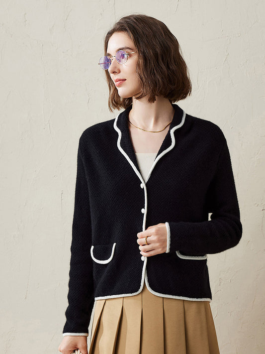 COMOBOCA Black 100% Cashmere Women's Contrast Trim Knit Cardigan