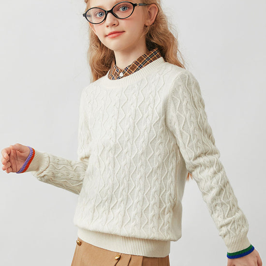 COMOBOCA 100% Wool Kids' Cable Knit Round Neck Sweater