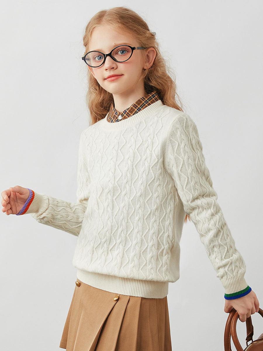 COMOBOCA 100% Wool Kids' Cable Knit Round Neck Sweater