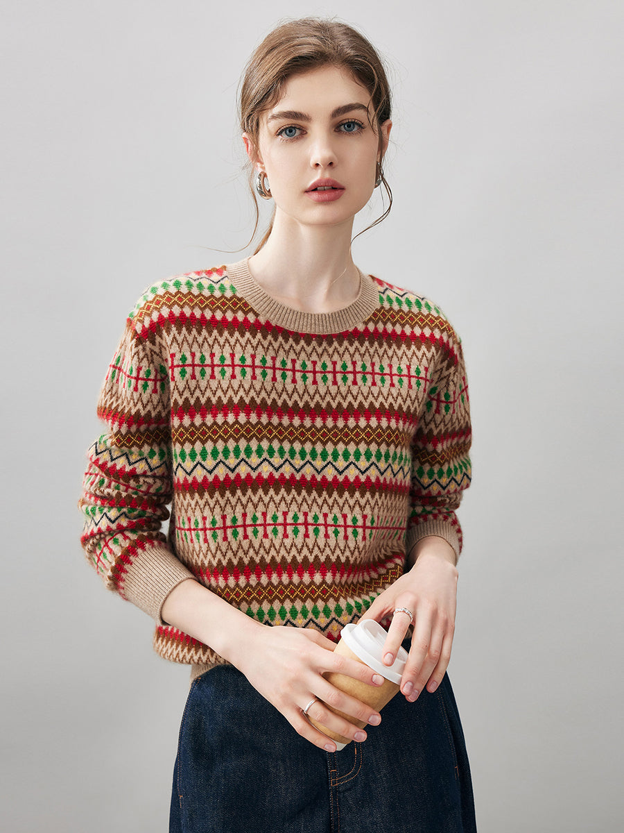 COMOBOCA Fair Isle 100% Cashmere Women's Fair Isle Round Neck Sweater