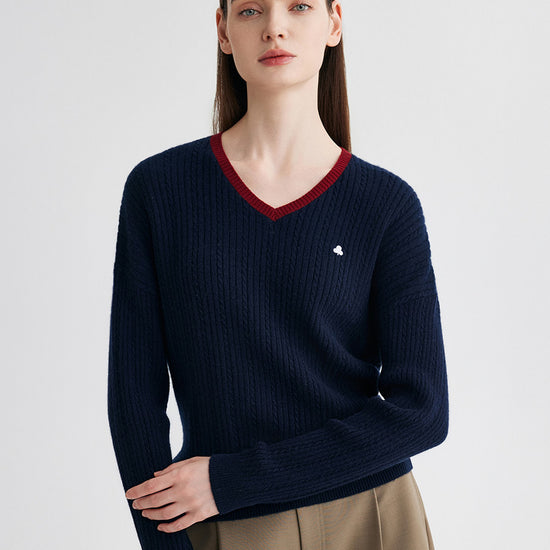 COMOBOCA 100% Cashmere Women's V-Neck Cable Knit Sweater