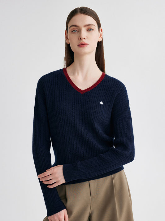 COMOBOCA 100% Cashmere Women's V-Neck Cable Knit Sweater