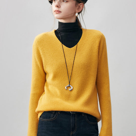 COMOBOCA 100% Cashmere Women's V-Neck Ribbed Knit Sweater