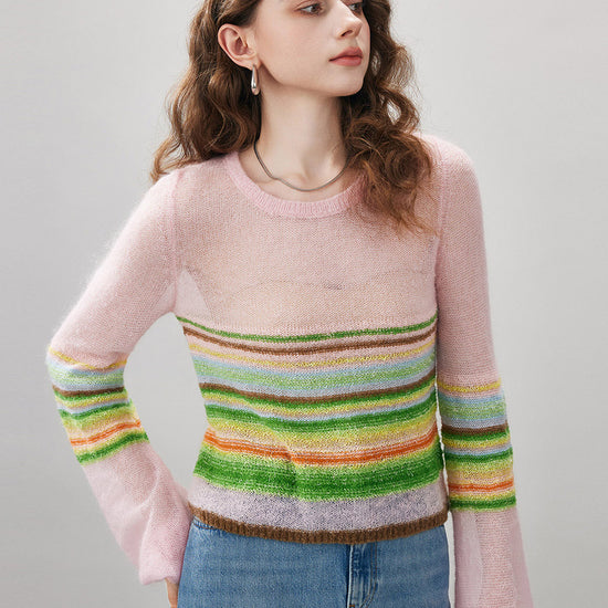 COMOBOCA Women's Rainbow Striped Flared Sleeve Sweater