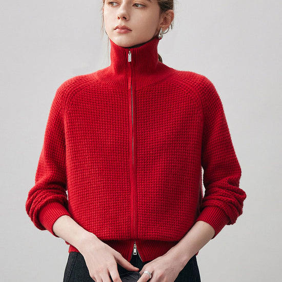 COMOBOCA Red 100% Cashmere Women's Double Zip Knit Cardigan