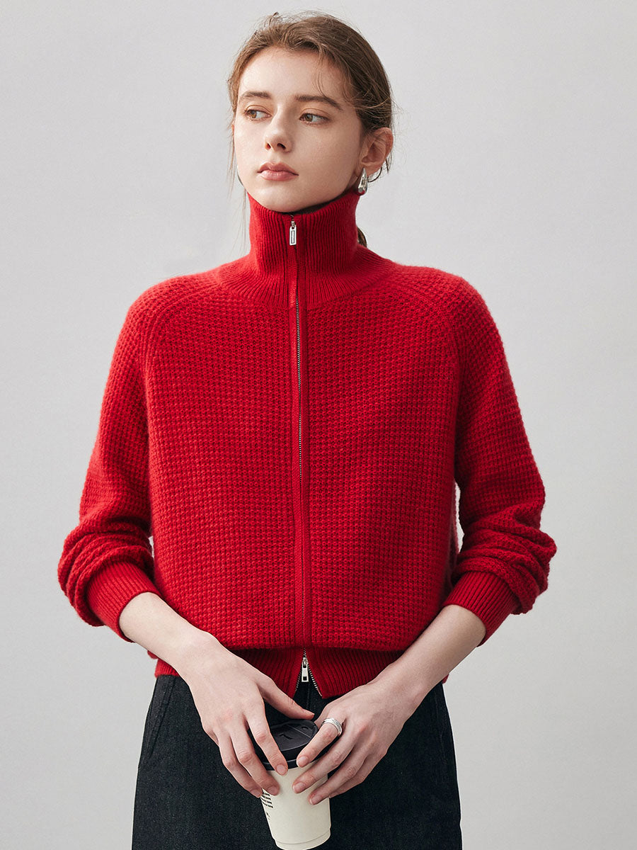 COMOBOCA Red 100% Cashmere Women's Double Zip Knit Cardigan