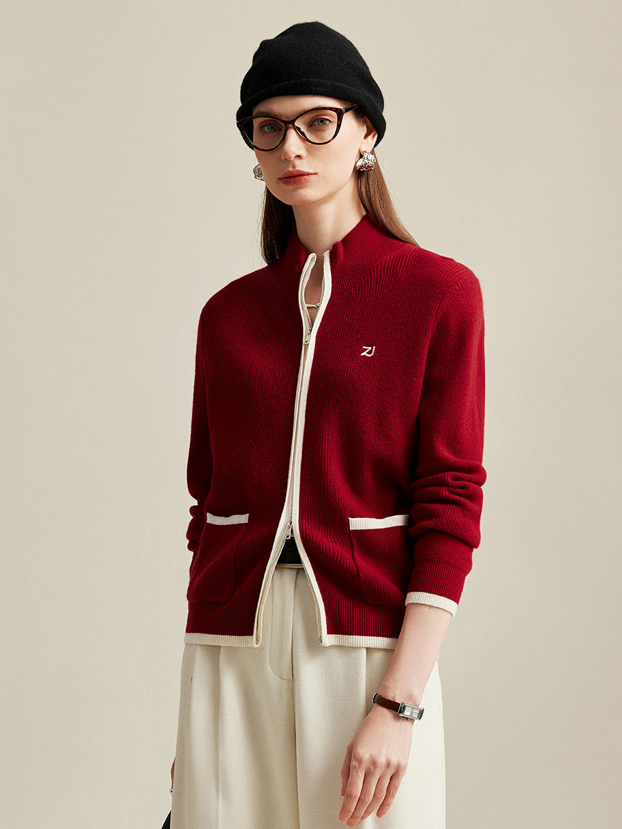 COMOBOCA 100% Cashmere Women's Contrast Trim Dual Zip Pocket Cardigan