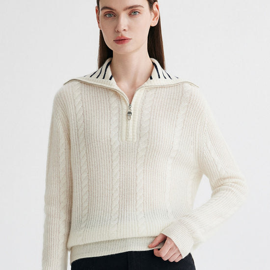 COMOBOCA White 100% Cashmere Women's Cable Half Zip Striped Collar Sweater