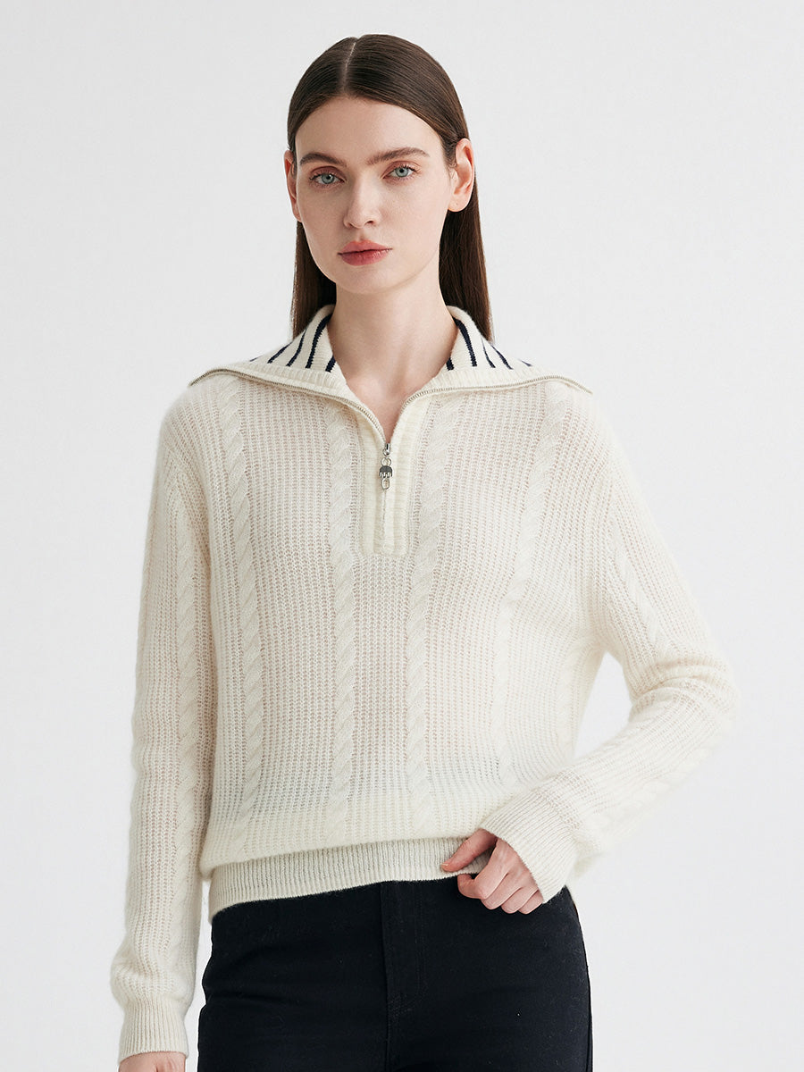 COMOBOCA White 100% Cashmere Women's Cable Half Zip Striped Collar Sweater