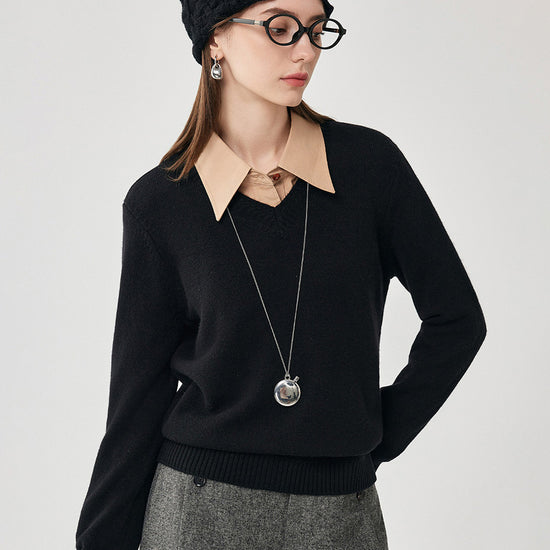 COMOBOCA 100% Wool Women's V-Neck Ribbed Knit Sweater