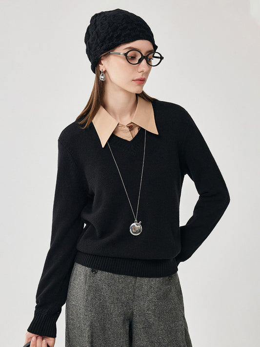 COMOBOCA 100% Wool Women's V-Neck Ribbed Knit Sweater