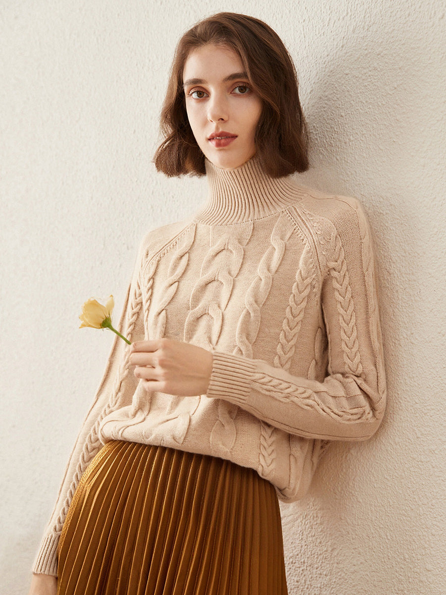 COMOBOCA 100% Cashmere Women's Turtleneck Cable Knit Sweater