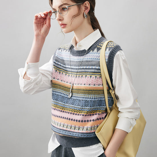 COMOBOCA 100% Cashmere Women's Striped Knit Vest