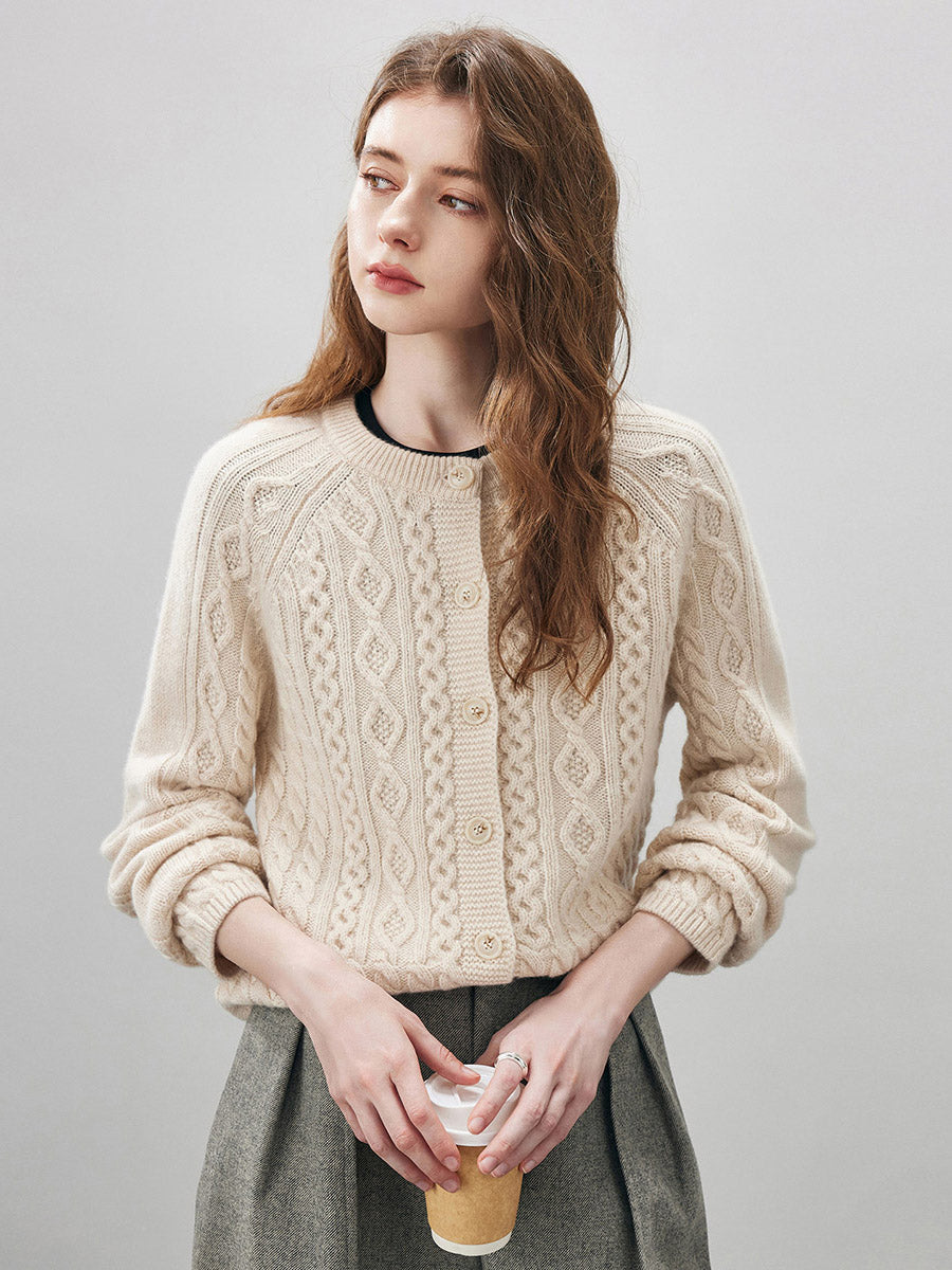 COMOBOCA Beige 100% Wool Women's Cable Knit Button Cardigan