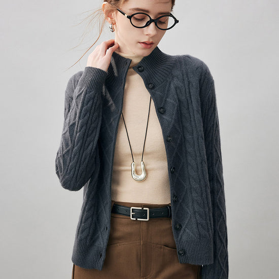 COMOBOCA 100% Cashmere Women's Cable Mock Neck Knit Cardigan