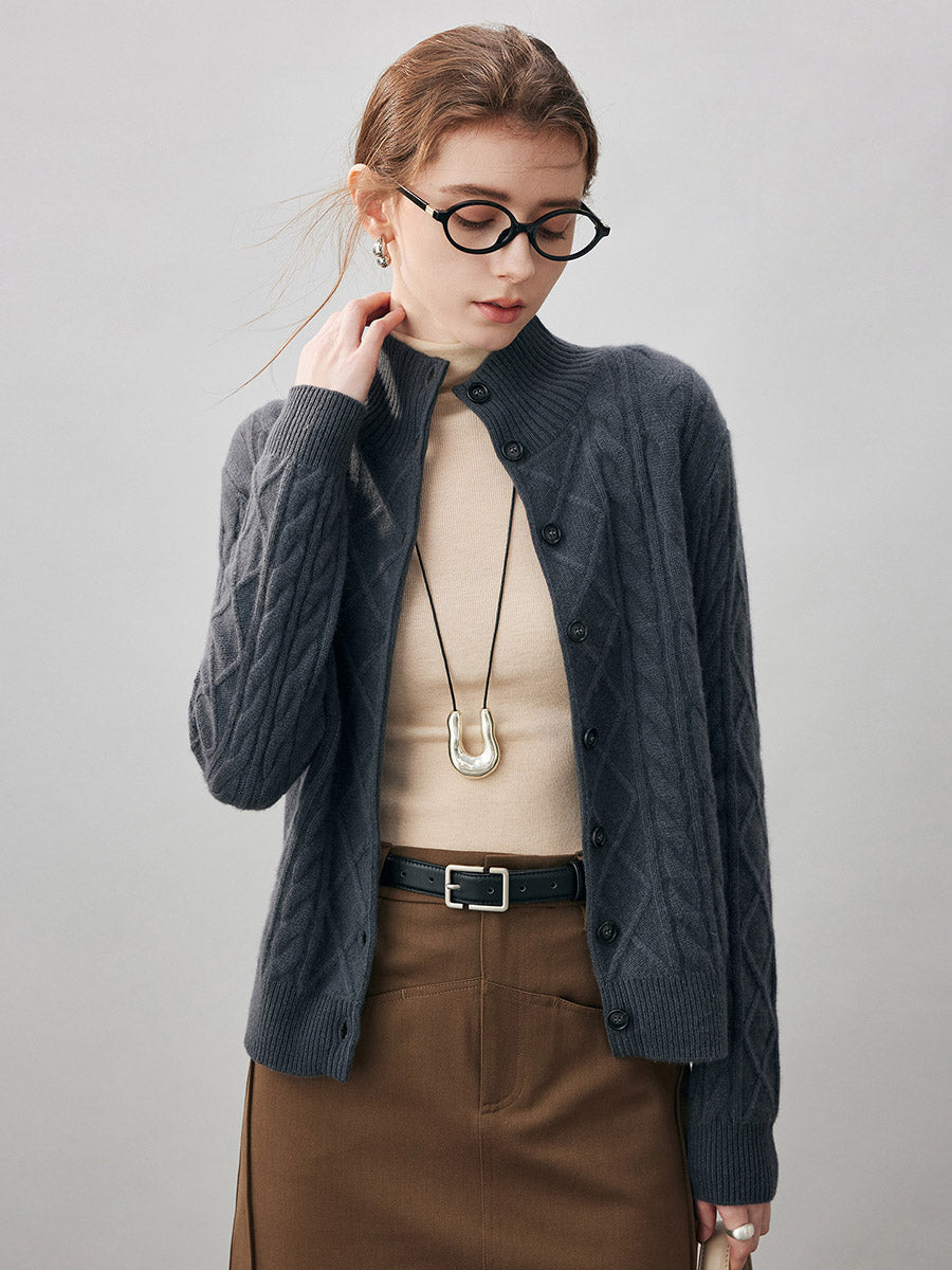 COMOBOCA 100% Cashmere Women's Cable Mock Neck Knit Cardigan