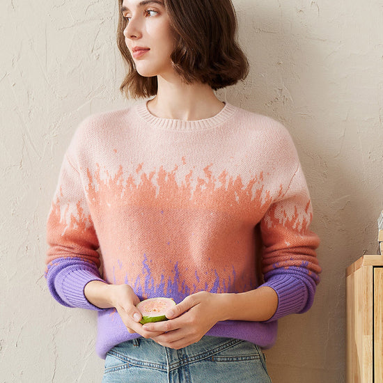 COMOBOCA Purple 100% Cashmere Women's Ombre Gradient Color Knit Sweater