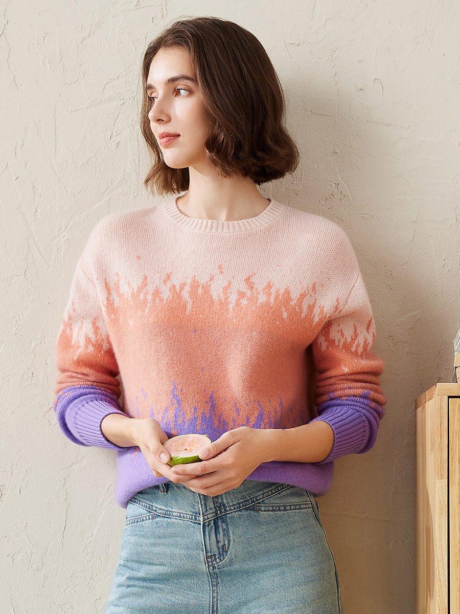 COMOBOCA Purple 100% Cashmere Women's Ombre Gradient Color Knit Sweater