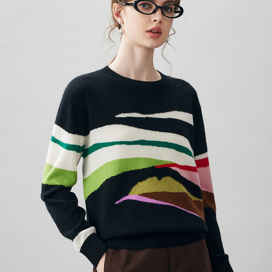 COMOBOCA 100% Cashmere Women's Abstract Pattern Round Neck Sweater