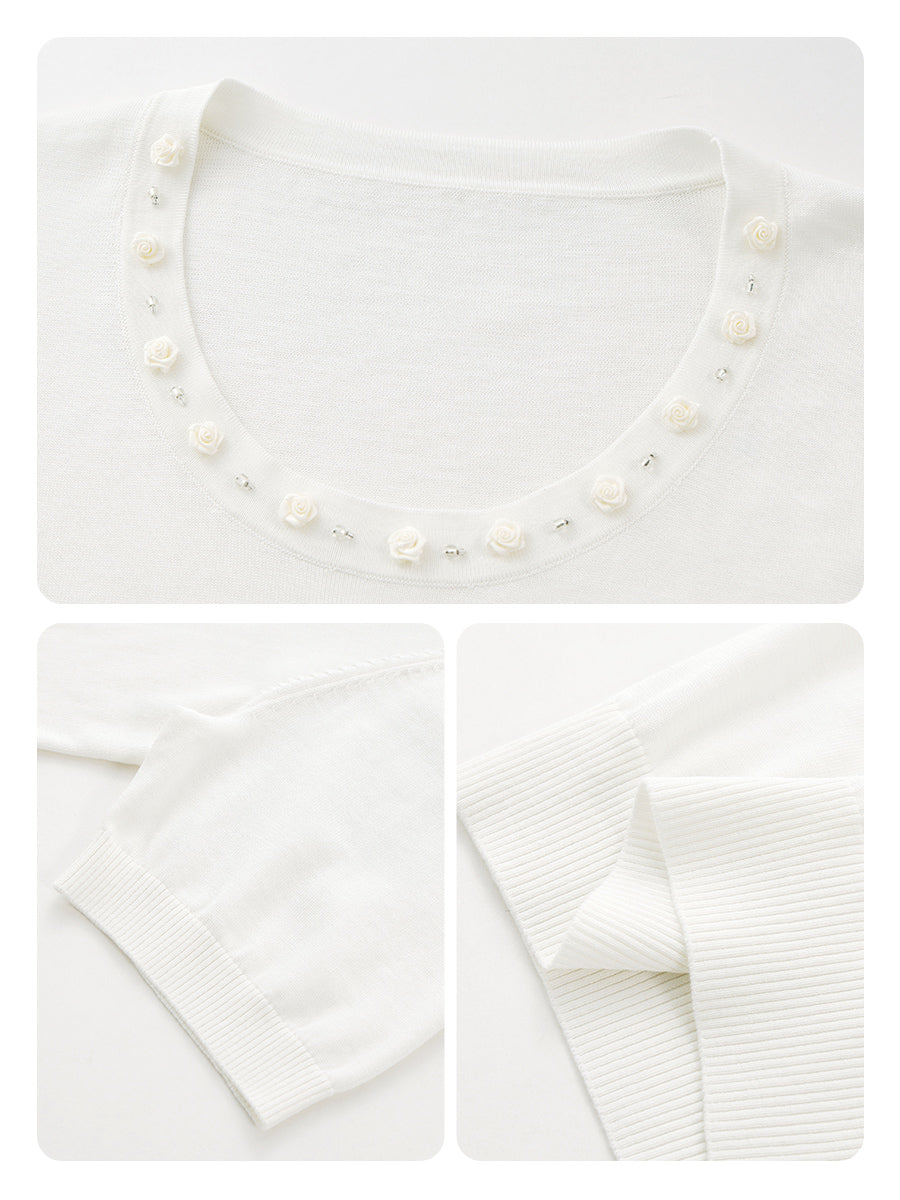 COMOBOCA Women's Rhinestone Trim Knit T-Shirt