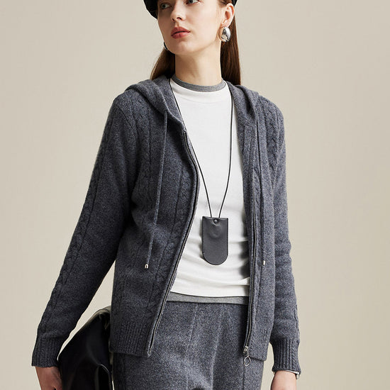COMOBOCA 100% Wool Women's Cable Knit Zip Cardigan Hoodie