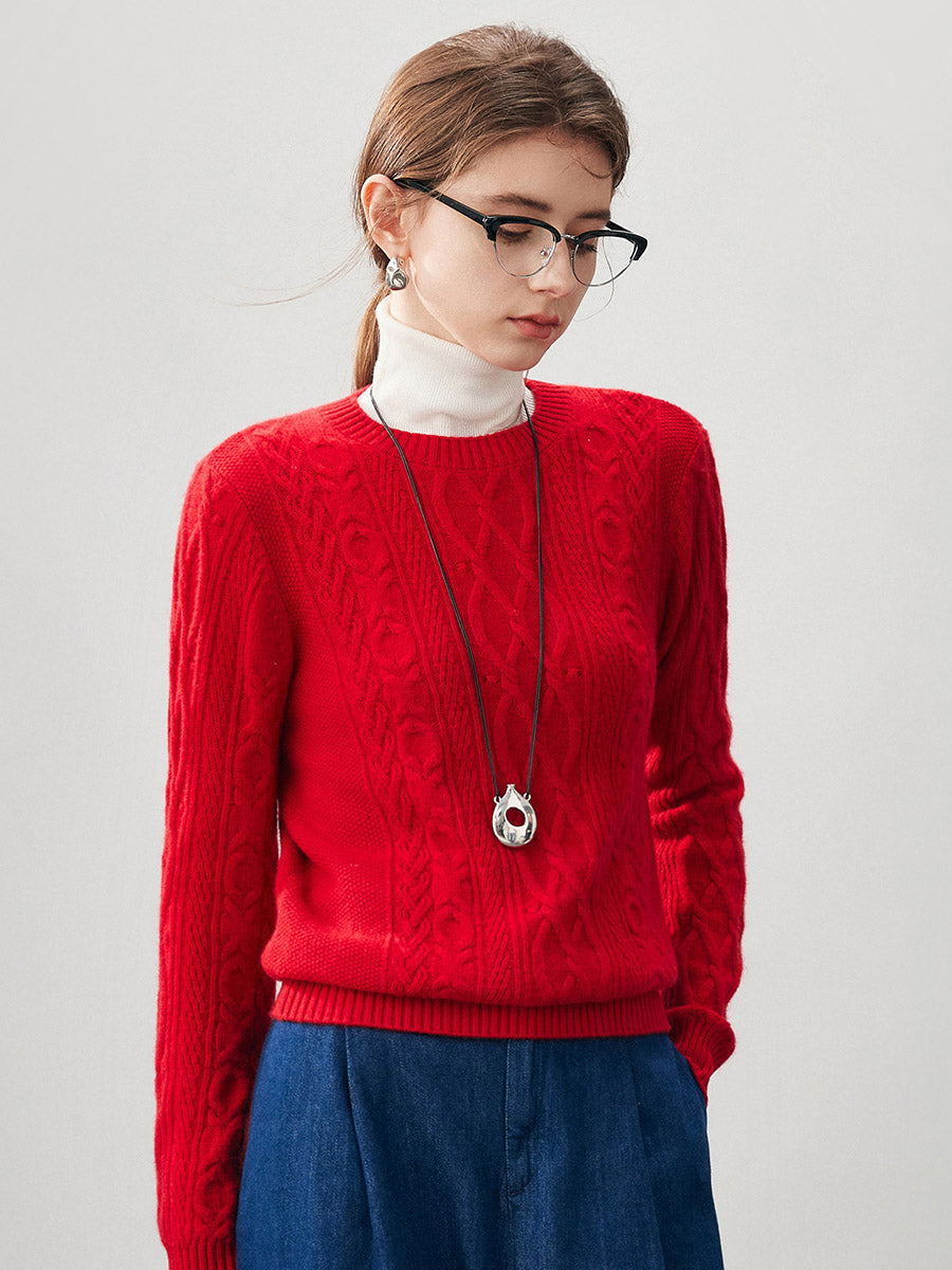 COMOBOCA 100% Cashmere Women's Cable Round Neck Knit Sweater