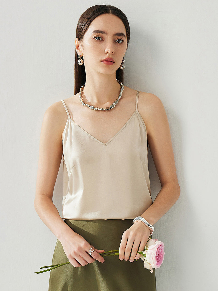 COMOBOCA Apricot Women's Silk Adjustable Straps V-Neck Camisole